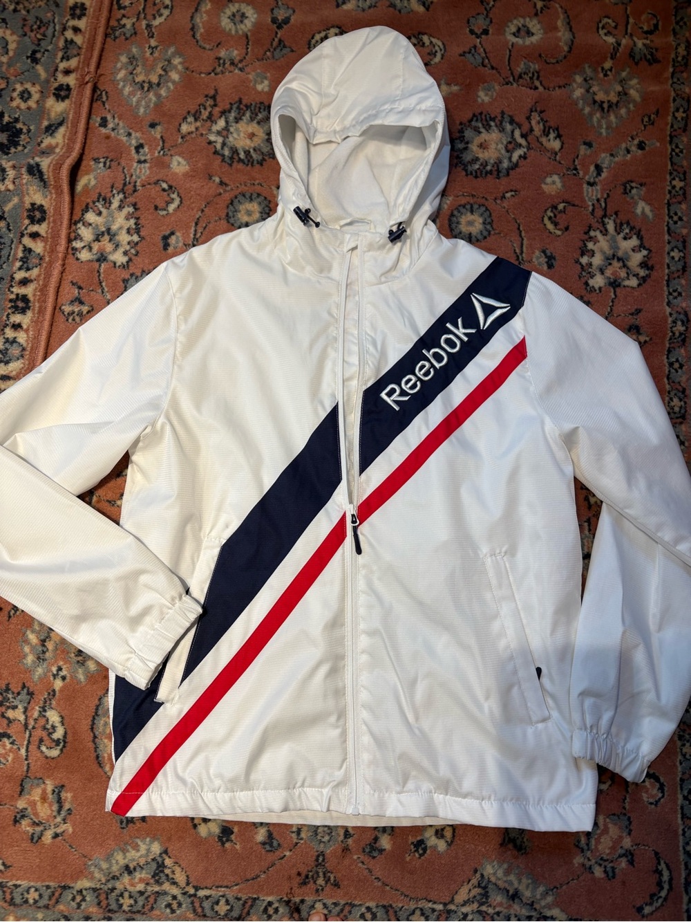 Reebok Men's White Hooded Windbreaker Jacket with Navy & Red Accents excellent